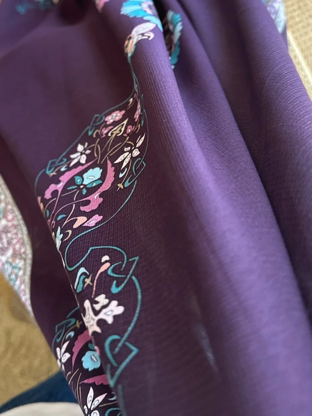 Eggplant Plum Scarf Floral Beige Border Teal Pink Lightweight Wrap by Alvise